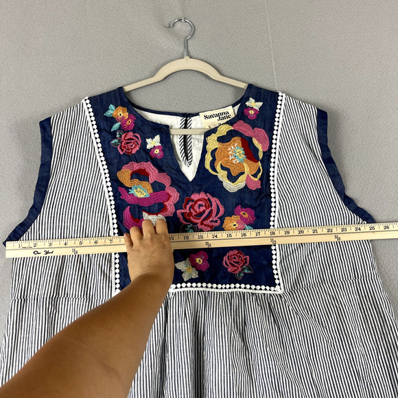 Savanna Jane Embroidered Tunic Top Women 1X Blue Floral Striped Boho Cottage NEW - Picture 4 of 16